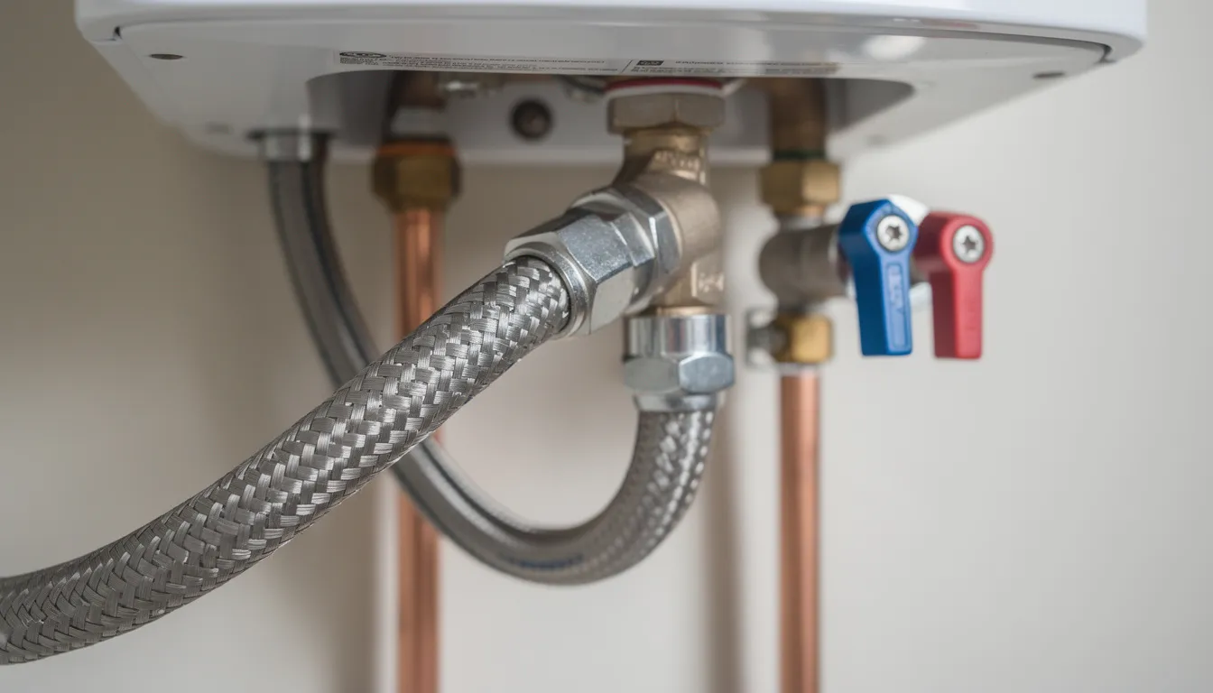 The image shows a close-up view of a silver braided filling loop with valve handles located beneath a wall-mounted boiler, which is part of a central heating system. This setup is crucial for maintaining proper boiler pressure, ensuring the system operates efficiently and provides hot water without any issues.