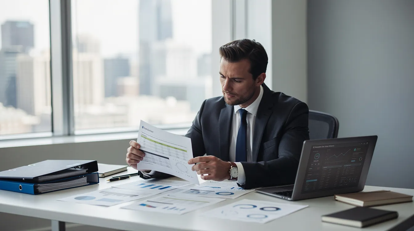 An entrepreneur sits at a sleek desk in a professional office setting, intently reviewing business documents related to a window tinting franchise. The atmosphere conveys a sense of focus and ambition, ideal for franchise owners looking to succeed in the automotive aftermarket industry.