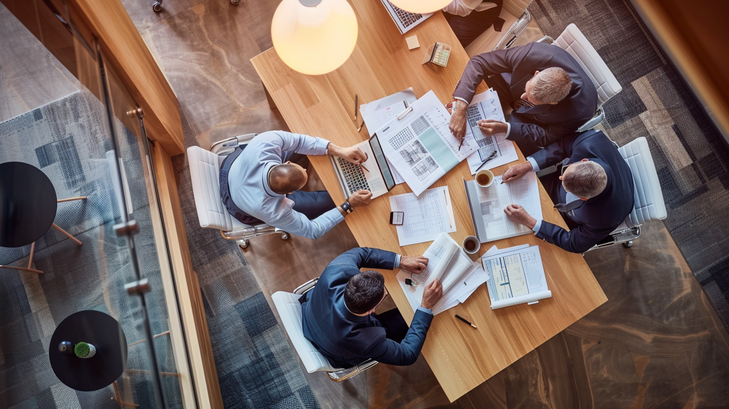 Interior of a San Francisco-based design firm, highlighting a collaborative workspace where a diverse team of interior designers, architects, and engineers brainstorm on upcoming projects. The firm's focus on innovation and commitment to equity and sustainability in design is evident in their workspace organization and aesthetic choices.