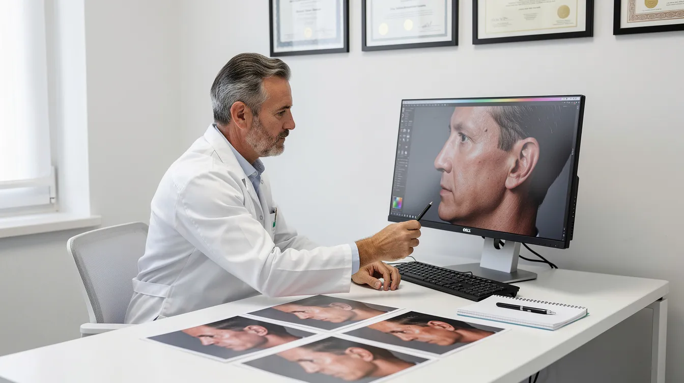 Un cirujano está revisando fotografías clínicas de perfil de un paciente en consulta, evaluando la acumulación de grasa en la zona del cuello y el mentón para determinar un posible procedimiento de liposucción de papada. La imagen muestra al médico concentrado en los detalles de los tejidos y el contorno facial del paciente.