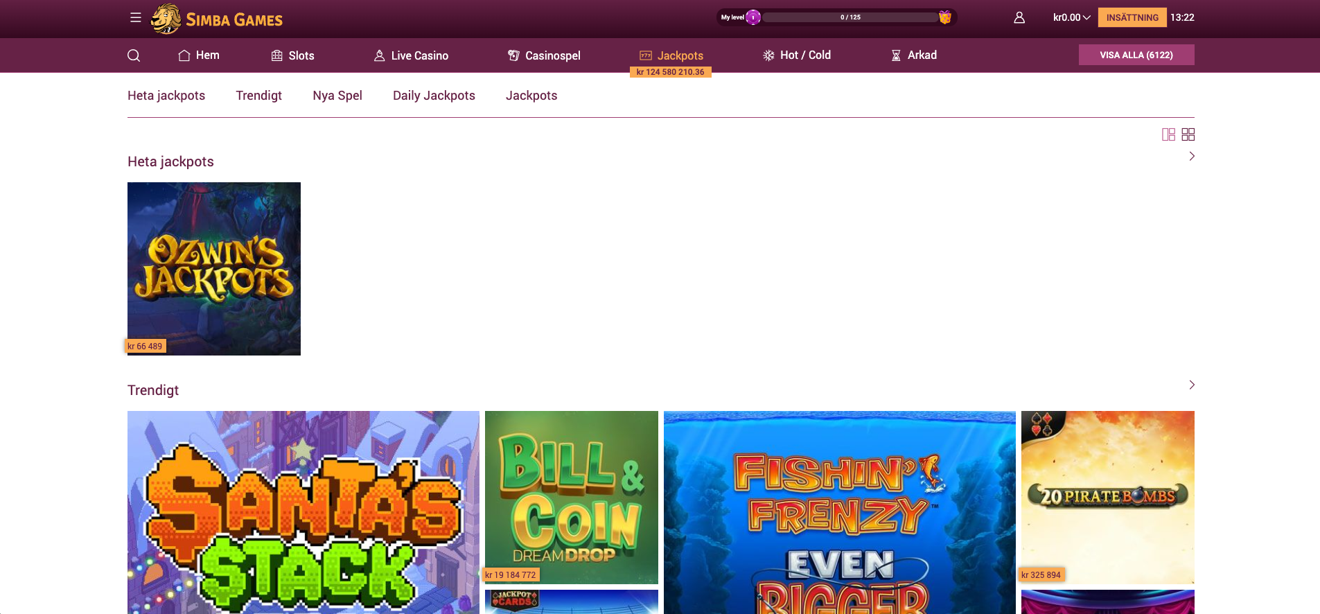 SimbaGames Casino jackpottspel och populära slots i trendigt-sektionen