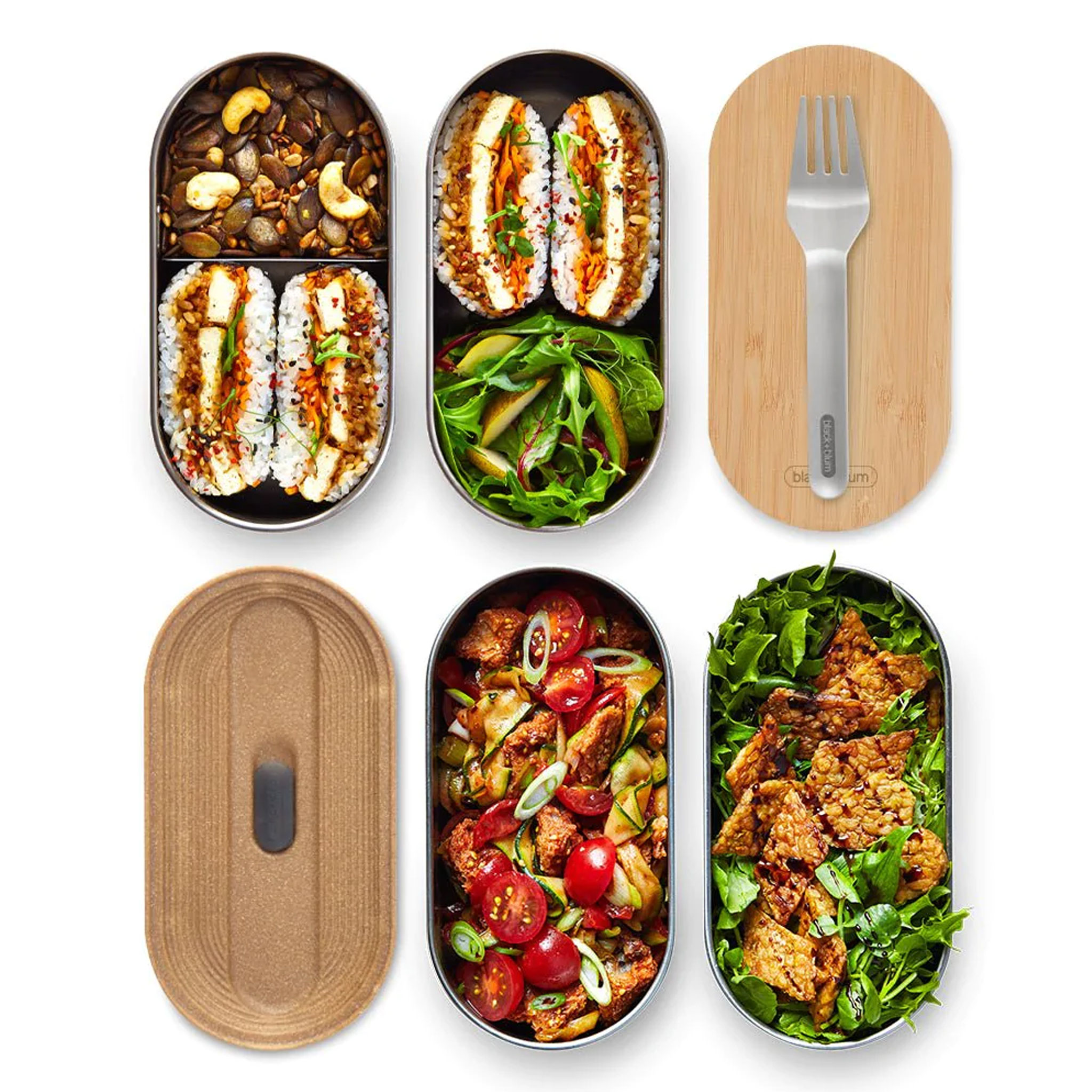 Two 500ml stainless steel leak proof containers with a concealed fork and bamboo lid/chopping board.