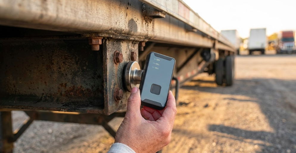 Person placing a compact wireless GPS tracker with magnetic mount underneath a flatbed trailer in a logistics yard