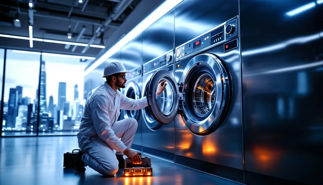 A technician performing preventative maintenance on laundry equipment, ensuring optimal performance.