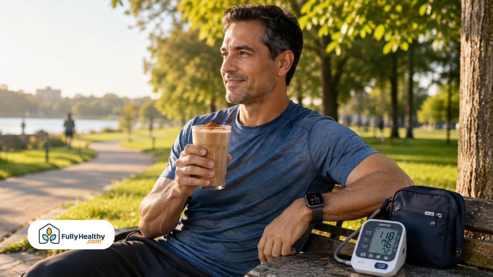 Active man drinking cinnamon smoothie outdoors after morning walk near blood pressure monitor