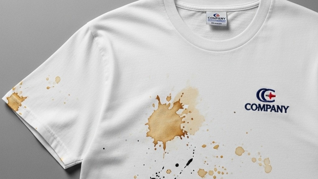 Na zdjęciu biała koszulka firmowa z plamami.