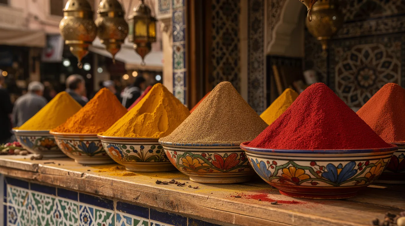 The image showcases a vibrant Moroccan spice market stall, featuring colorful pyramids of turmeric, cumin, and paprika beautifully arranged in traditional ceramic bowls. This bustling souk is a perfect representation of Moroccan culture, offering travelers a sensory experience filled with local customs and unique flavors.