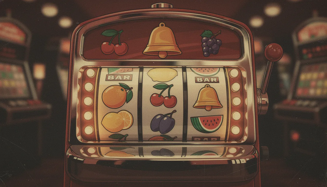 En retro-stil spelautomat med klassiska fruktsymboler, som körsbär, citroner och vattenmeloner, skapar en nostalgisk känsla av casino-gaming. Den vintage estetikens design ger en charmig bakgrund för spelupplevelsen, perfekt för att spela och vinna stort.