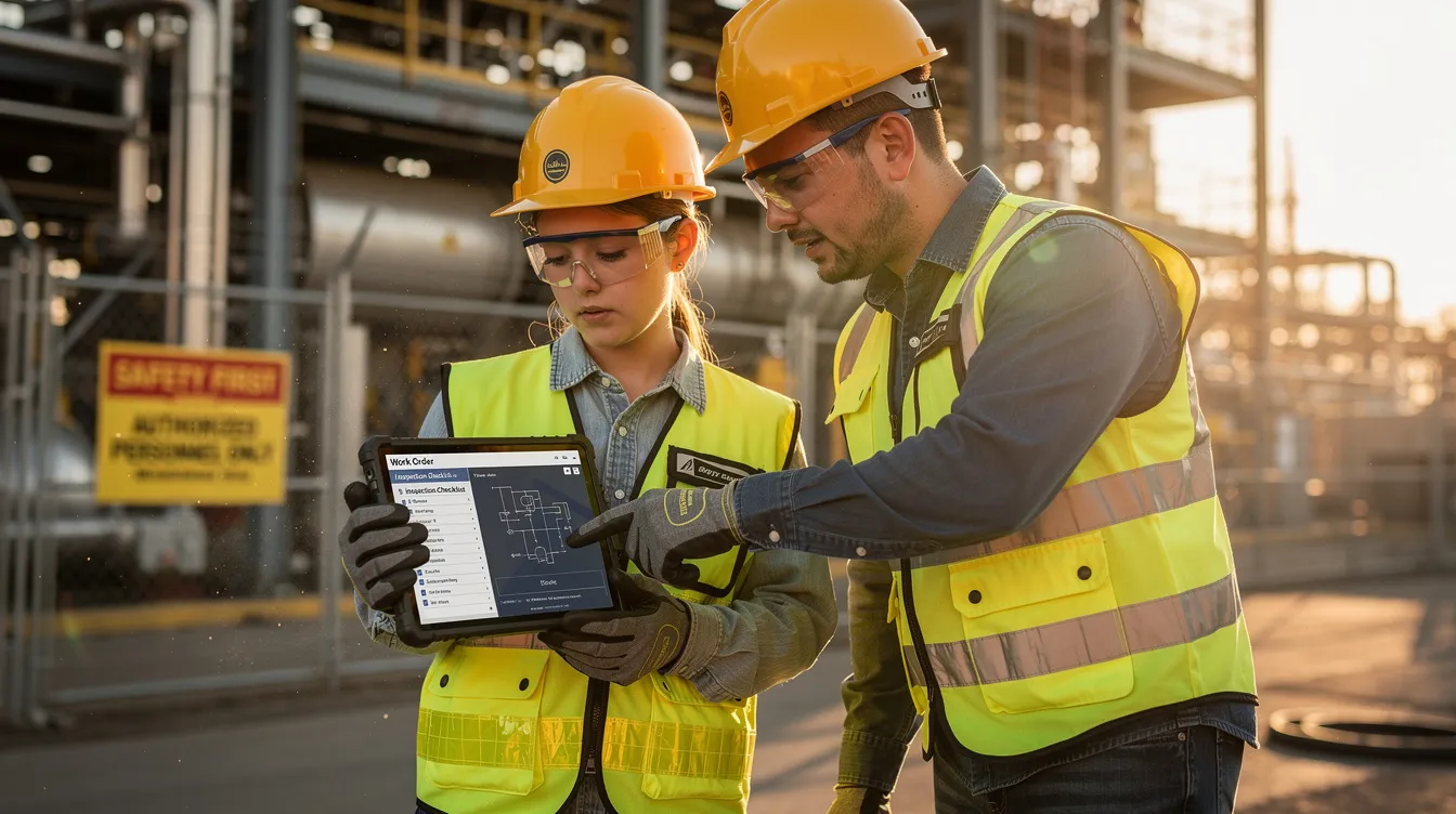 An apprentice is focused on using a tablet at an industrial worksite, with a mentor standing nearby to provide guidance. This scene illustrates the hands-on training aspect of registered apprenticeship programs, where apprentices learn and track their progress in real-time with the support of experienced professionals.