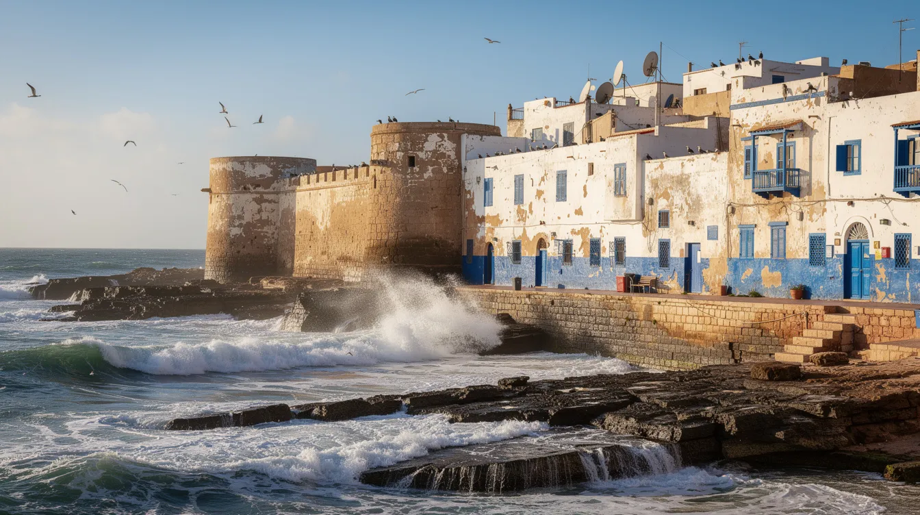 The image depicts Essaouira's historic blue and white ramparts standing majestically above the crashing waves of the Atlantic Ocean, showcasing the city's coastal charm. This picturesque scene captures the essence of Essaouira, a popular destination known for its mild temperatures and vibrant summer crowds, making it an ideal spot to visit year-round.