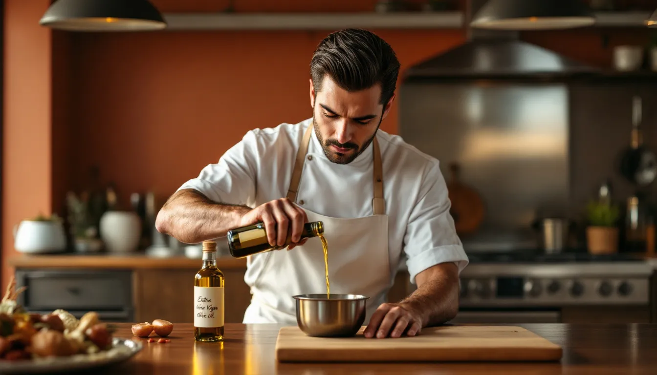A chef selecting the right oil for frying in a restaurant kitchen.