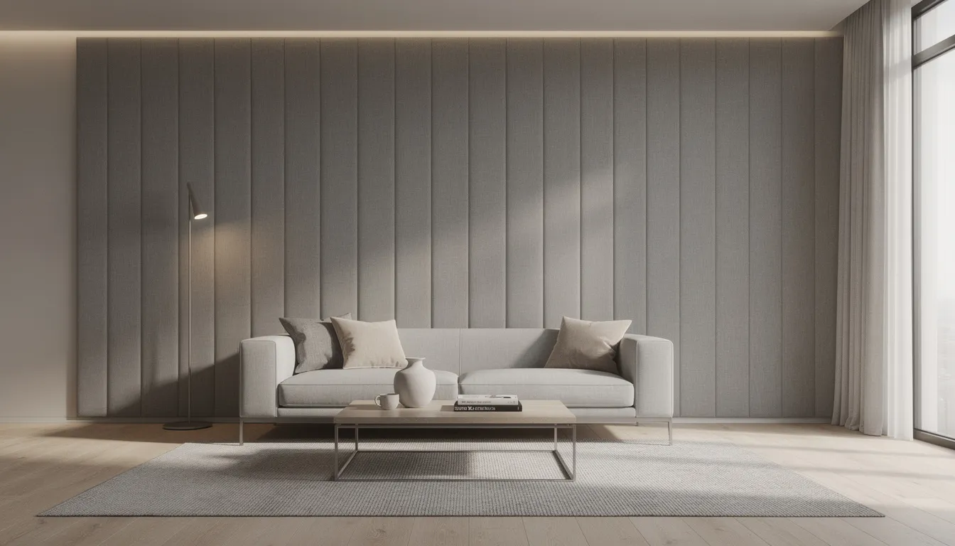 De afbeelding toont een moderne woonkamer met stijlvolle grijze gestoffeerde wandpanelen achter een designbank, die een luxe uitstraling en akoestische verbetering biedt. De wandpanelen zijn gemaakt van hoogwaardige stoffen en zorgen voor een prachtig effect in de ruimte.