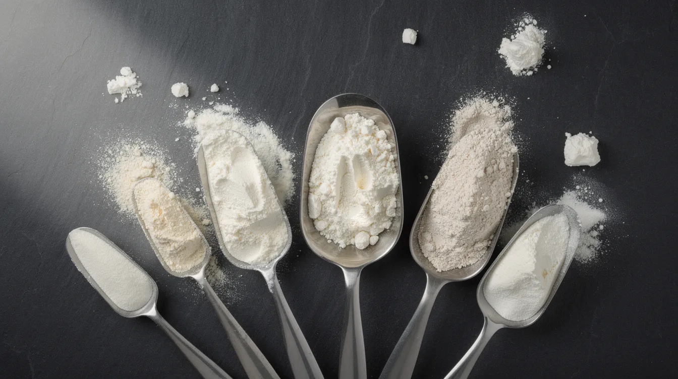 38b8c103 b75f 4d47 9984 8f9854a0119e The image features various types of white dairy powders, including whey protein and whey protein concentrate, displayed in metal scoops on a dark surface. This arrangement highlights the nutritional and functional properties of these whey components, commonly used in the food industry for creating high-value protein concentrates and functional beverages.
