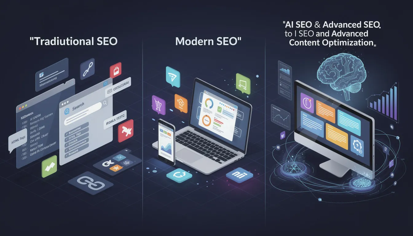 The image illustrates the evolution of search engine optimization (SEO) from traditional methods to advanced AI-powered SEO strategies. It highlights key elements such as keyword research, user intent, and the impact of artificial intelligence on content optimization and search rankings in the digital marketing landscape.