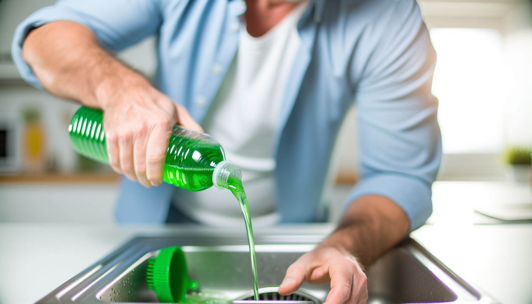 A person pouring eco-friendly enzyme-based drain cleaner into a sink drain