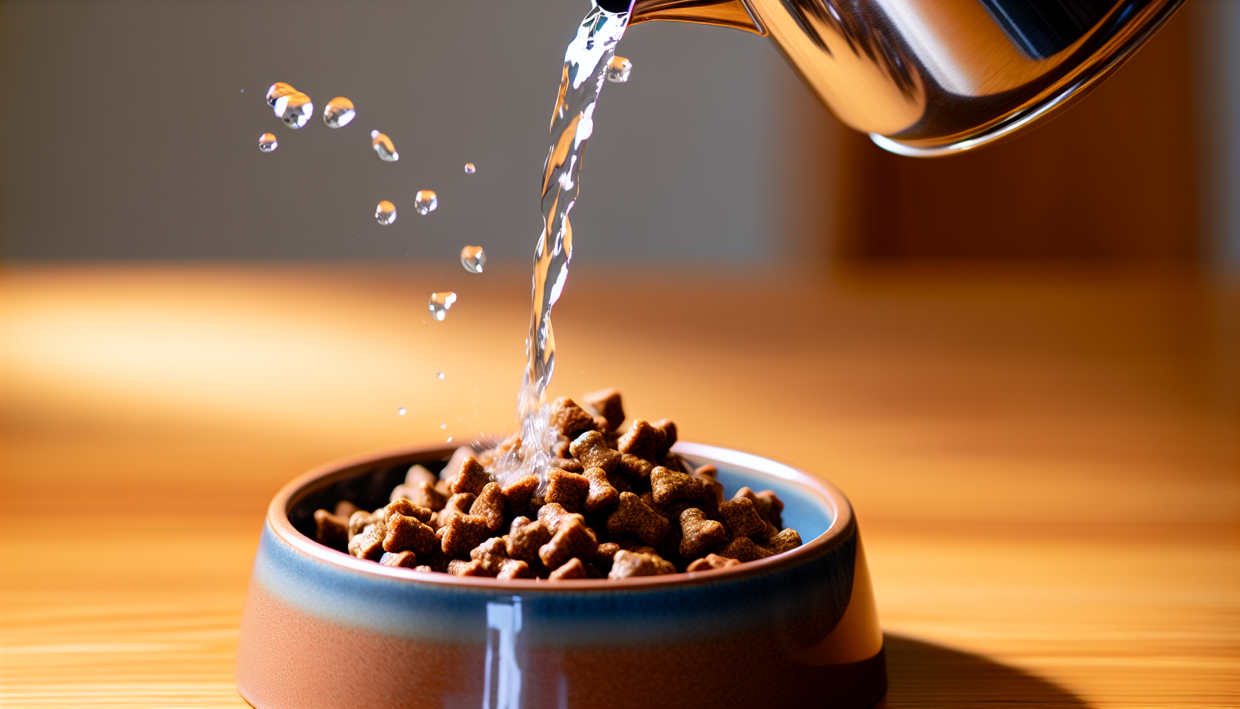 A bowl of dry dog food being moistened with water