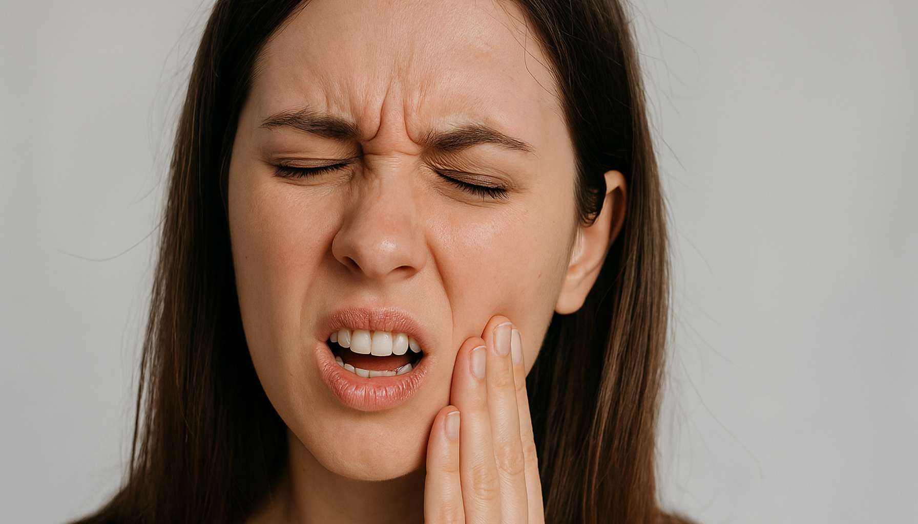 Visdomstann infeksjon – Symptomer, behandling og forebygging 13 Ung kvinne med smerter fra visdomstann infeksjon, holder hånden mot kinnet og viser tydelig ubehag.