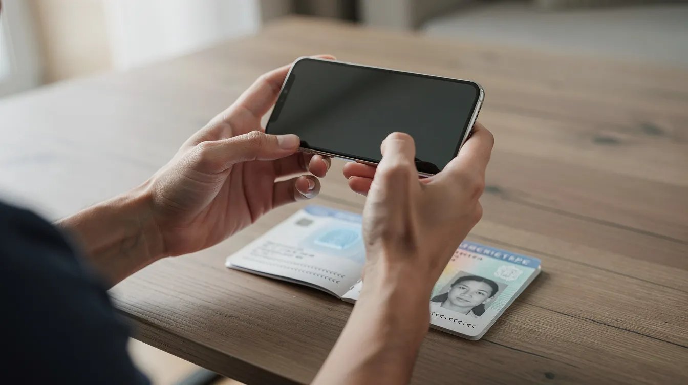 A person is using a smartphone to scan a valid passport placed on a table, likely for the purpose of verifying their UK immigration status or creating a digital record for their UKVI account. The scene suggests a focus on accessing important immigration documents securely and efficiently.