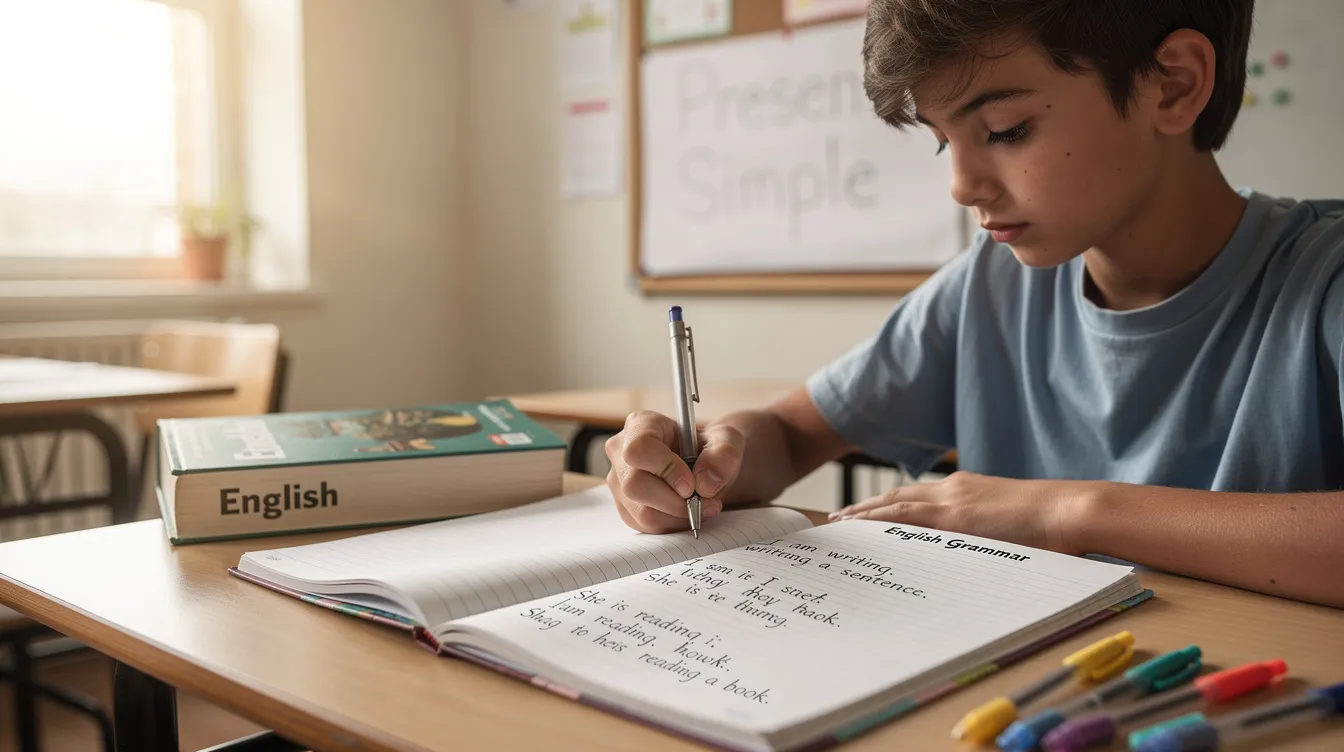 Na obrazku widzimy studenta, który intensywnie pisze w zeszycie, ćwicząc gramatykę angielską w czasie przeszłym, w tym użycie czasownika "to be" w zdaniach pytających i przeczących. Uczy się również, jak tworzyć zdania w czasie past simple oraz past continuous, aby lepiej zrozumieć różnice w języku angielskim.
