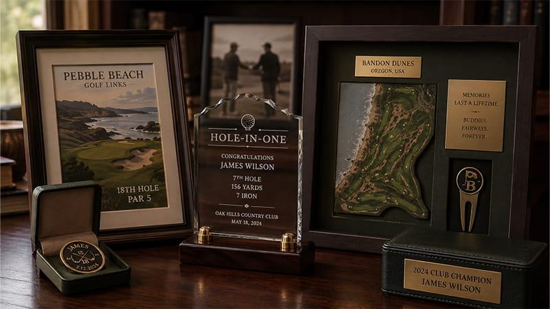 Personalized golf milestone keepsakes with framed course artwork, a hole-in-one award, engraved medal, and championship display box