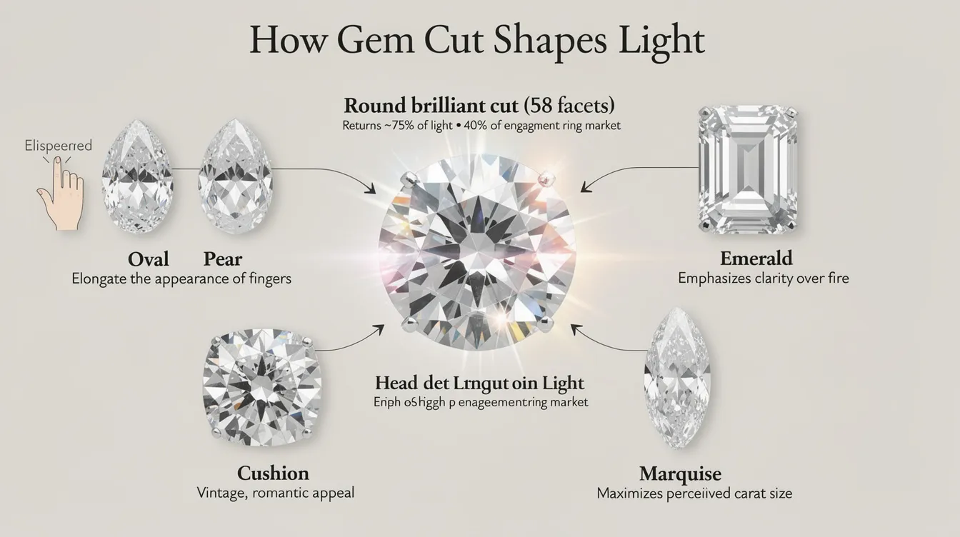 The image showcases various gem cuts, including round brilliant, oval, pear, emerald, cushion, and marquise, highlighting their unique characteristics and light interactions. These cuts are essential in jewellery making, particularly for precious gemstones like diamonds and sapphires, influencing their appearance and market popularity.