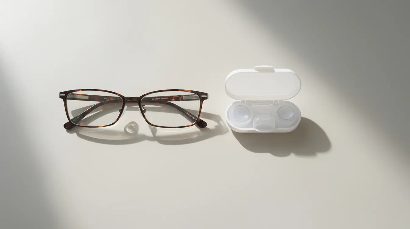 Auf einem hellen Tisch liegen eine Brille und ein Kontaktlinsenbehälter nebeneinander. Diese Gegenstände sind häufige Hilfsmittel für kurzsichtige oder weitsichtige Menschen, die eine Sehschwäche haben und Hilfe beim Sehen in der Nähe oder Ferne benötigen.