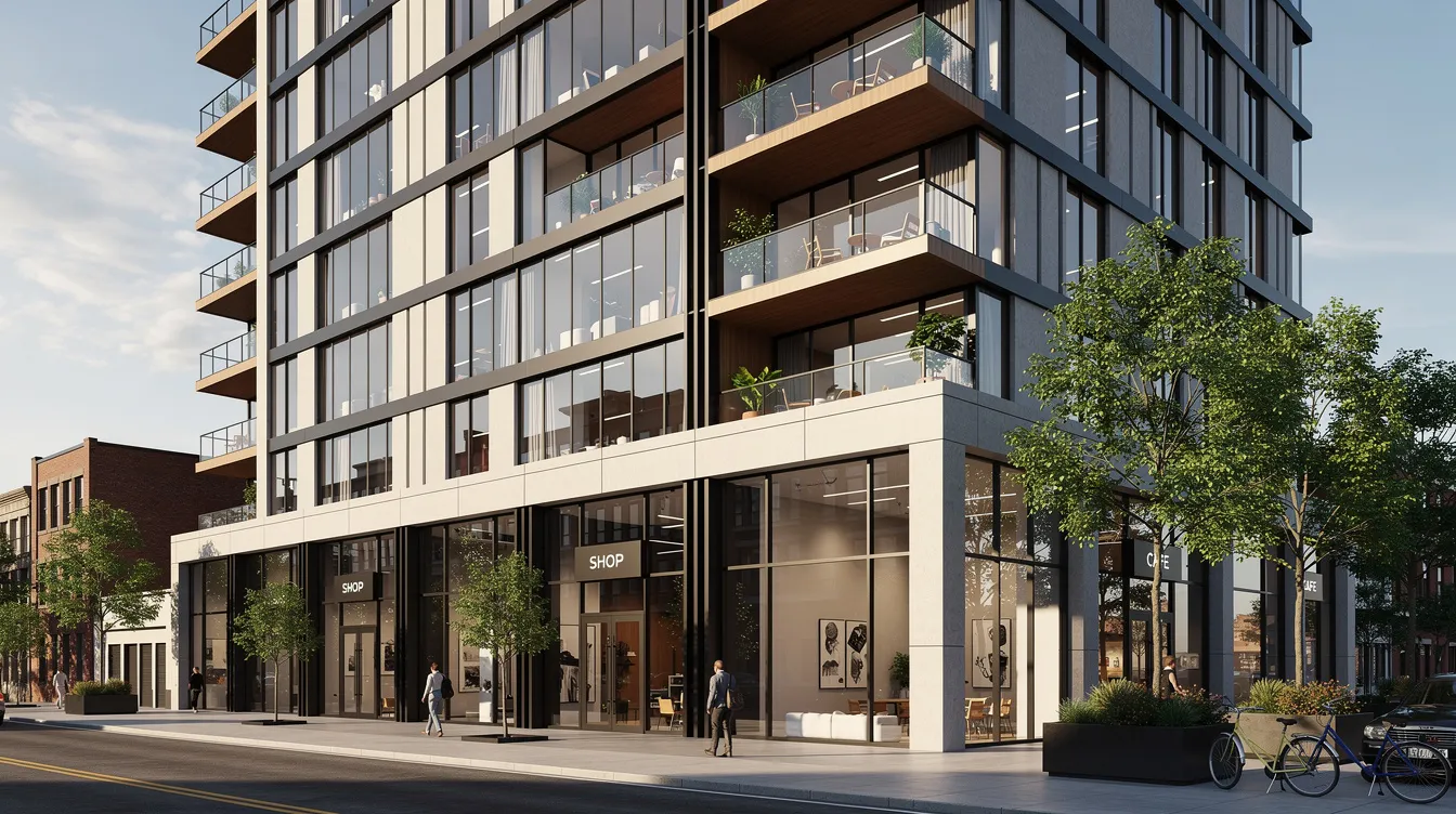 The image depicts a modern mixed-use building featuring ground-floor retail spaces, office floors, and residential balconies above, showcasing a blend of commercial and residential property. This structure highlights the importance of building maintenance services to ensure the upkeep and safety of both business and residential areas.
