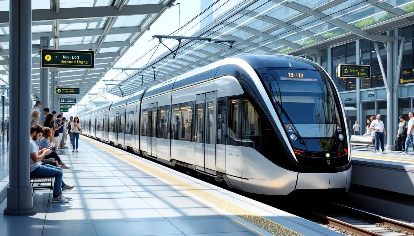A modern train is waiting at a railway platform, with several passengers gathered around, preparing to board for their journey. This bustling scene captures the essence of public transport, as travelers head towards their final destination in Kraków city centre.