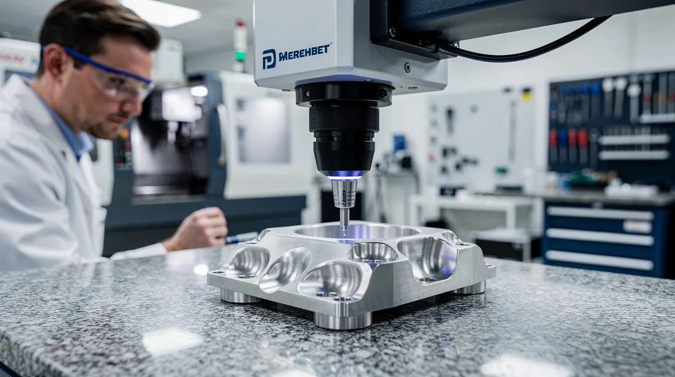 A quality control inspector is using a coordinate measuring machine to meticulously check a titanium medical device component, ensuring it meets the precision and micron level tolerances required in the manufacturing process. This inspection highlights the commitment to exceptional quality and efficiency in the production of machined components within the medical hardware industry.