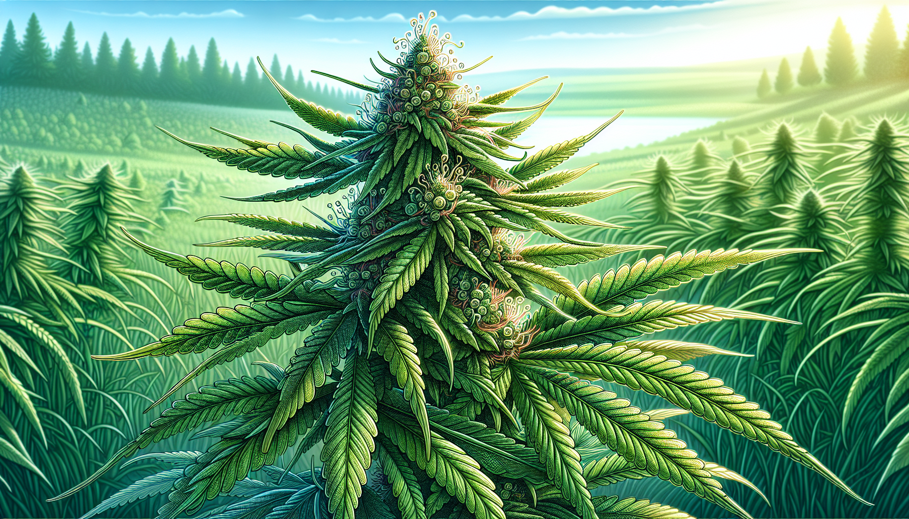 An illustration of a hemp plant with HHC flowers.