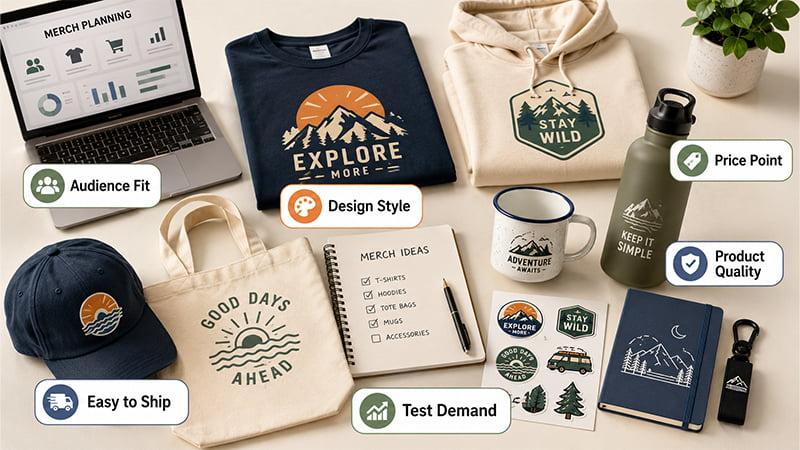 Merch planning setup showing audience fit, design style, price point, shipping, and product quality.