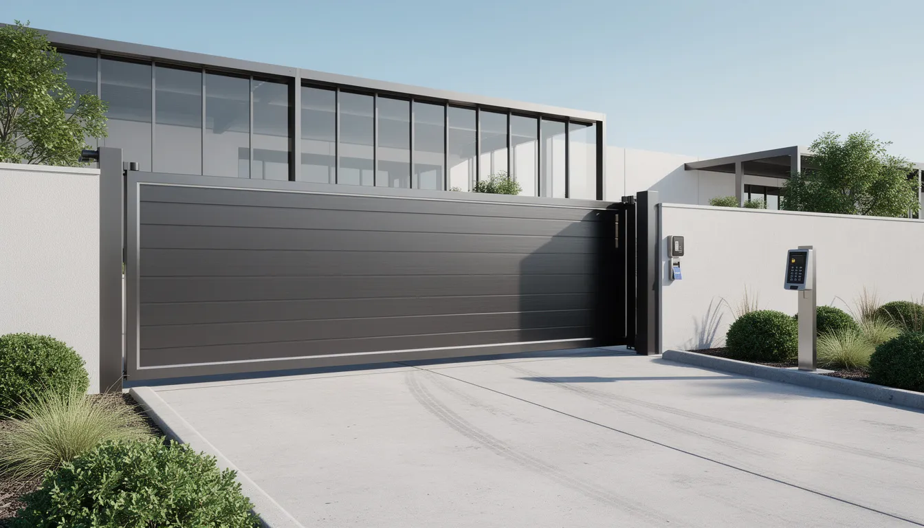 The image depicts a modern commercial property entrance featuring a sleek automatic sliding gate system, designed for security and convenience. This advanced gate installation exemplifies the latest in smart gate systems, providing easy access control for commercial areas.