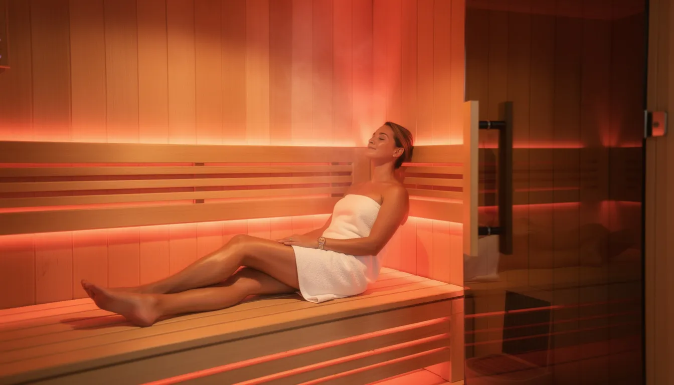 A person is relaxing inside a modern wooden infrared sauna cabin, illuminated by soft red light, which promotes muscle recovery and enhances overall well-being through infrared sauna therapy. The soothing environment aids in reducing muscle soreness and improving circulation, contributing to a holistic wellness journey.