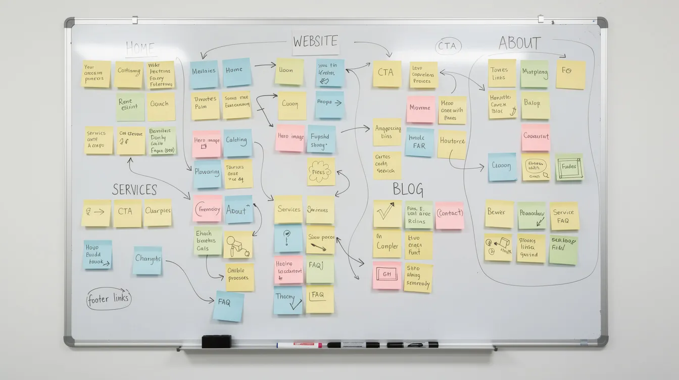 The image shows a whiteboard filled with colorful sticky notes outlining the planning of a website structure, ideal for small business owners looking to create a professional website. This visual representation highlights the brainstorming process for a business website, showcasing various website pages and features essential for an effective online presence.
