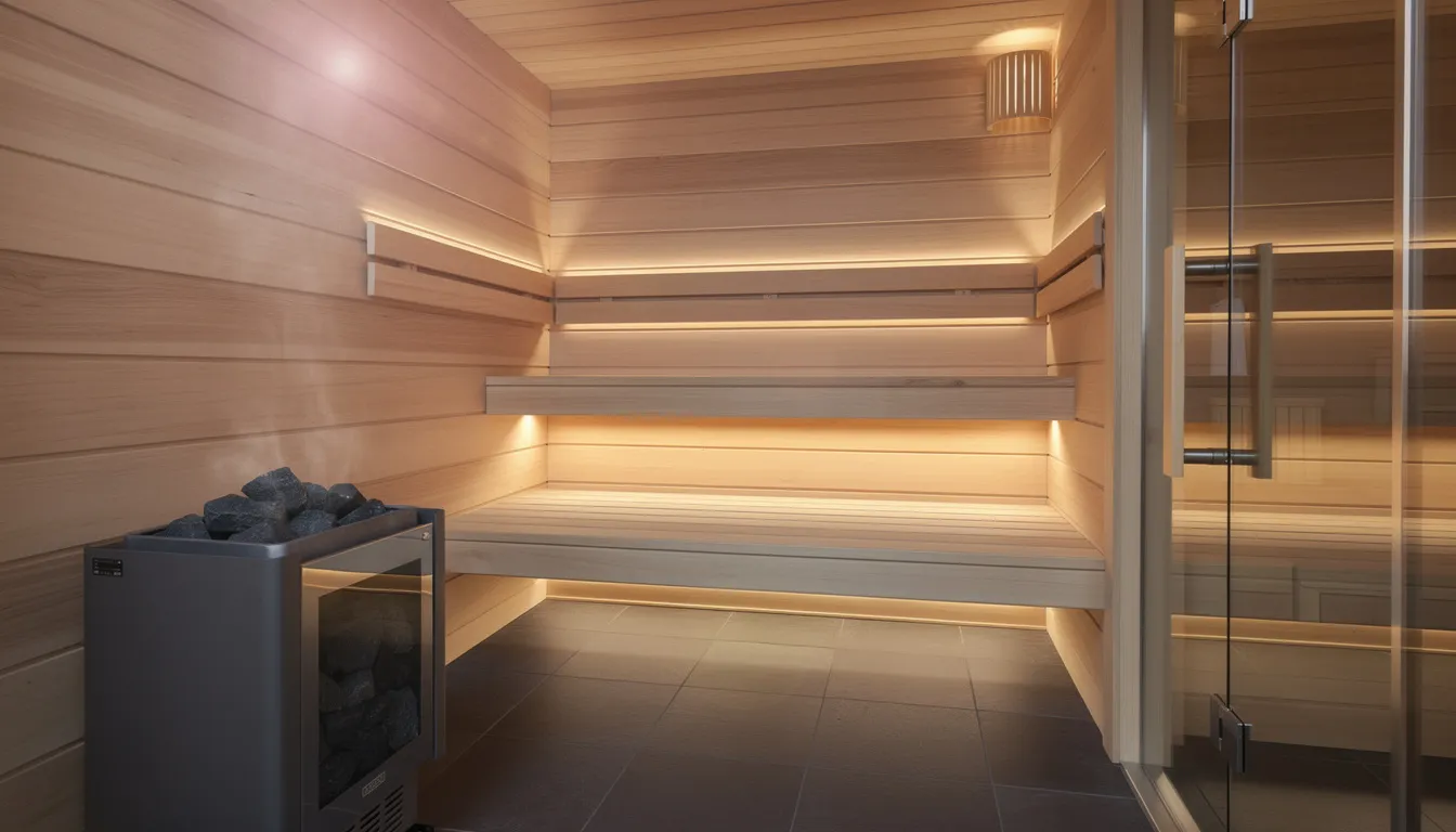 The image depicts the interior of a modern indoor sauna featuring smooth wooden benches and wall paneling made from high-quality sauna wood, illuminated by warm lighting that enhances the cozy atmosphere. This design exemplifies the natural beauty of materials like western red cedar and nordic spruce, creating an inviting space for a relaxing sauna experience.