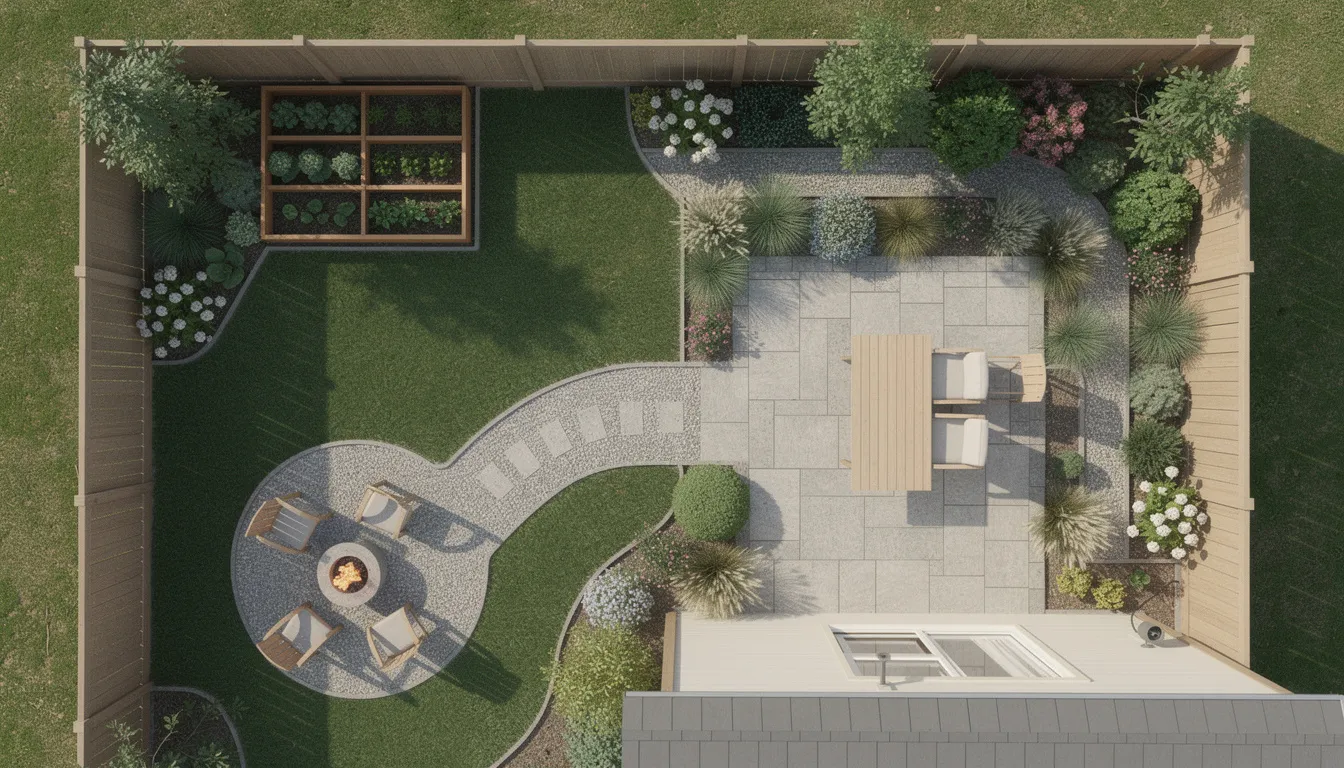 An overhead view of a beautifully landscaped backyard showcases various hardscape features, including a patio, winding paths, and distinct garden zones filled with vibrant plant life. This outdoor living space highlights the harmonious blend of hardscaping materials like concrete pavers and natural stone, creating an attractive and functional area for relaxation and enjoyment.