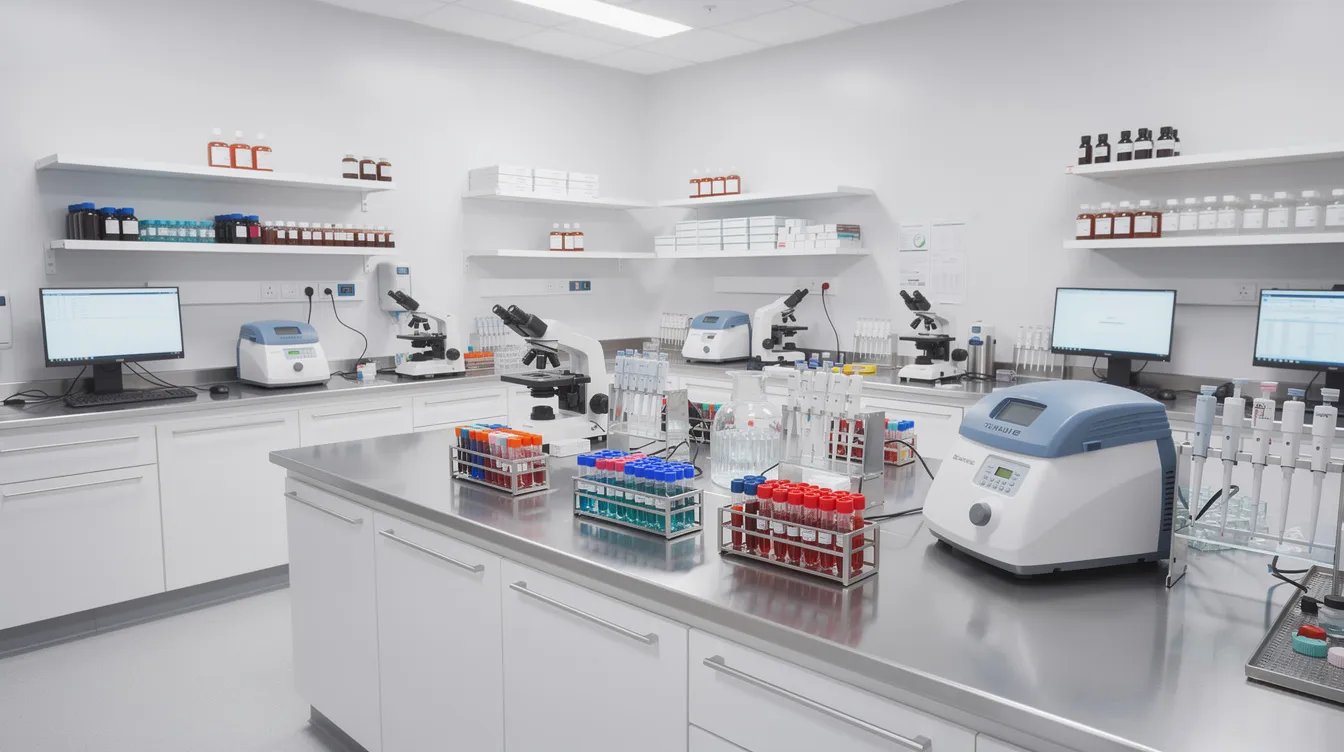 38ca5191 205b 4b36 b6b1 252ef5b5bd7c The image depicts the interior of a diagnostic centre laboratory, showcasing various medical testing equipment, including pathology analyzers and sample tubes neatly arranged on a workbench. This environment highlights the essential facilities and tools used for conducting medical tests in a professional diagnostic laboratory.