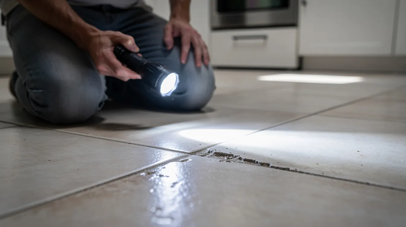 A person is kneeling on a tile floor in a residential kitchen, using a bright flashlight at a low angle to inspect the grout lines for potential issues. This visual inspection aims to determine the condition of the grout and identify any red flags, such as visible damage or hidden water damage, that may require professional cleaning services.