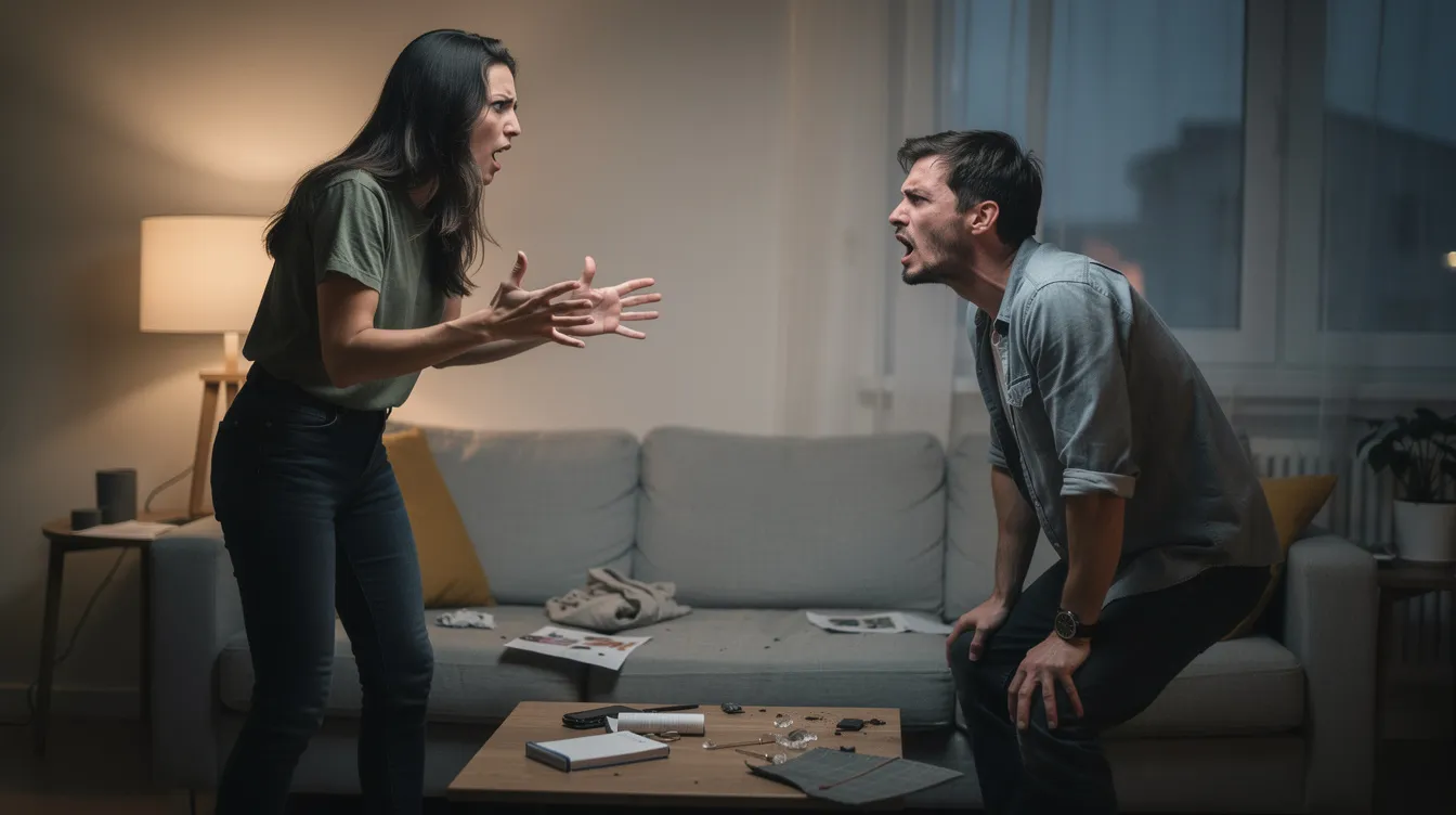 The image depicts a couple arguing at home, with the woman exhibiting toxic behaviors that contribute to an unhealthy relationship dynamic. This scene reflects the emotional turmoil often associated with toxic relationships, where intense feelings and past traumas can lead to emotional addiction and low self-esteem.