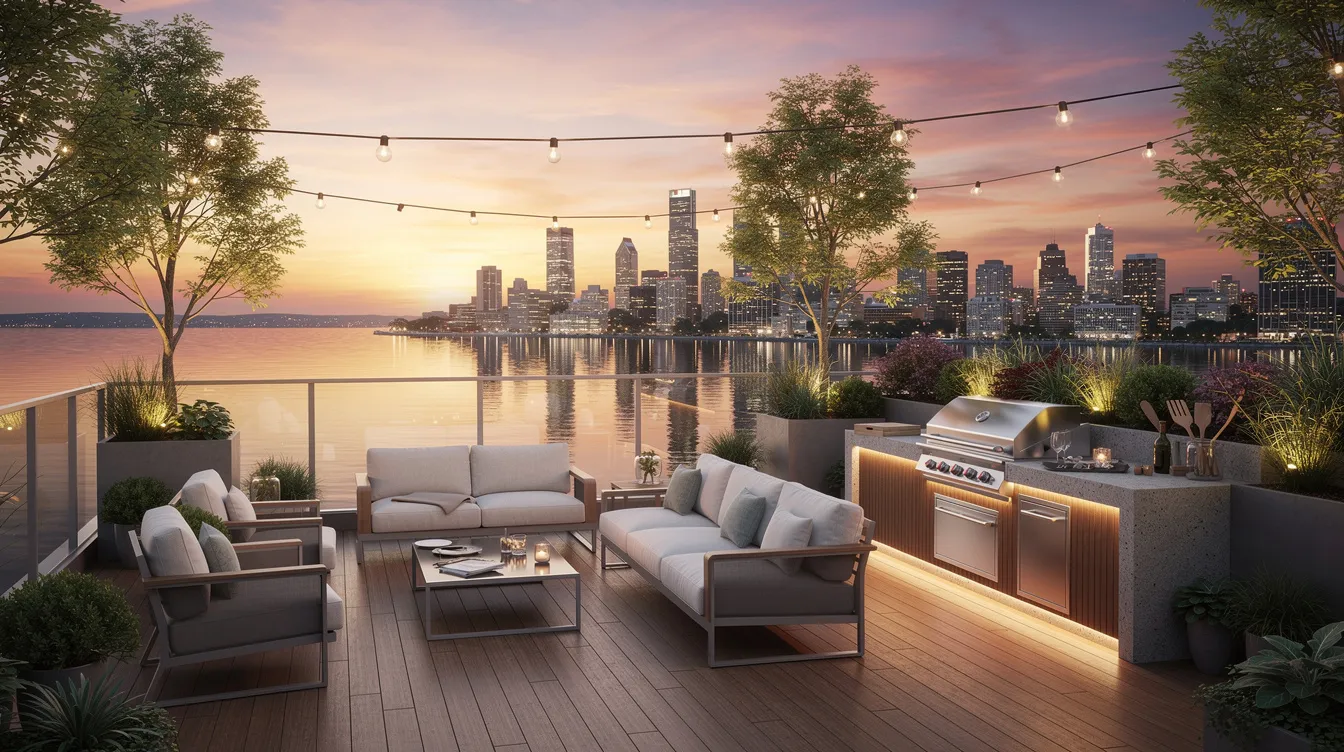 The image depicts a stunning rooftop terrace featuring modern outdoor seating and a barbecue area, offering breathtaking views of a lake and the city skyline at sunset. This serene space, perfect for gatherings, is situated near Toronto's waterfront, showcasing the beauty of the city as the sun sets over Lake Ontario.