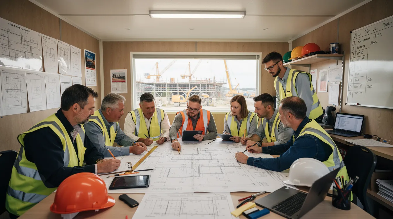 A group of construction professionals, including project managers and skilled tradespeople, are gathered around blueprints in a job trailer, discussing project requirements and planning for upcoming construction projects. The meeting emphasizes the importance of compliance with safety standards and regulatory requirements to ensure worker safety and project progress.