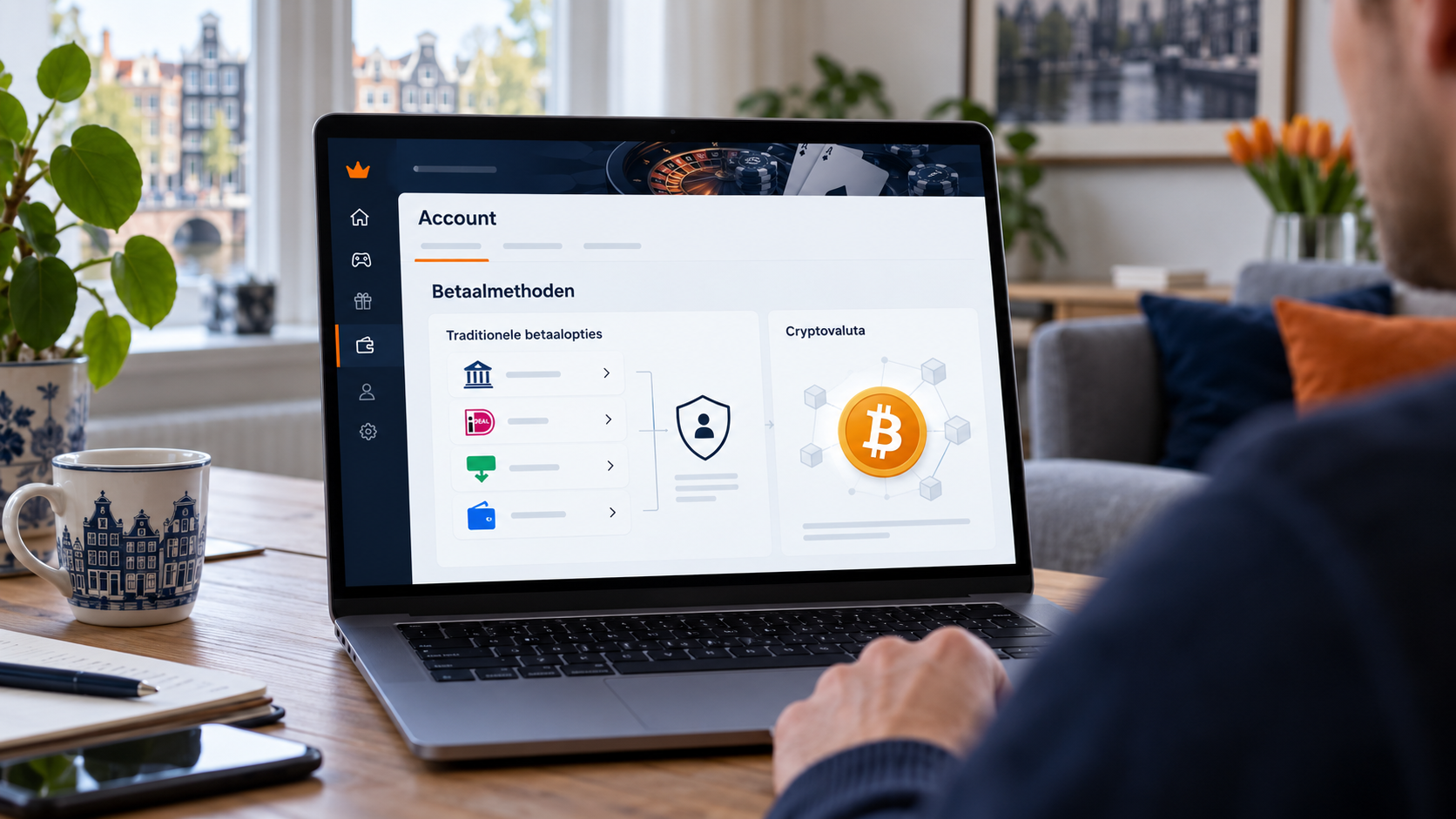 Overzicht van traditionele betaalmethoden en cryptovaluta bij een online casino.