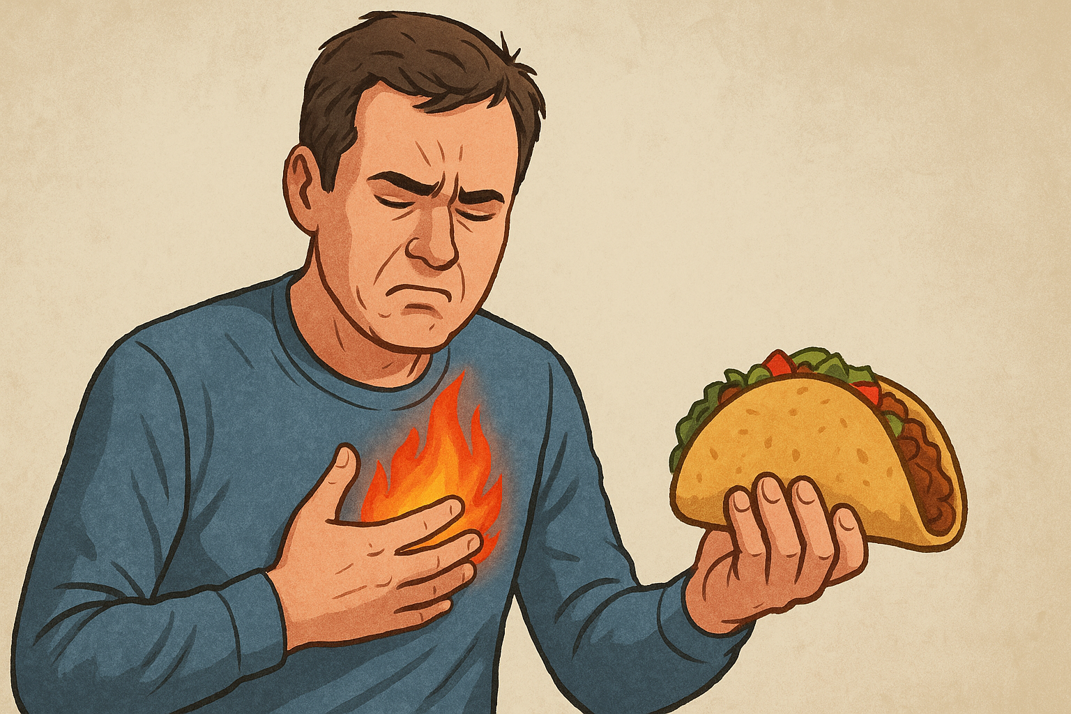 Halsbrann: Når Brystet Brenner og Du Skylder På Tacoen 15 Mann i 30-årene holder en taco og viser ubehag med brennende følelse i brystet, symboliserer halsbrann og fordøyelsesproblemer.