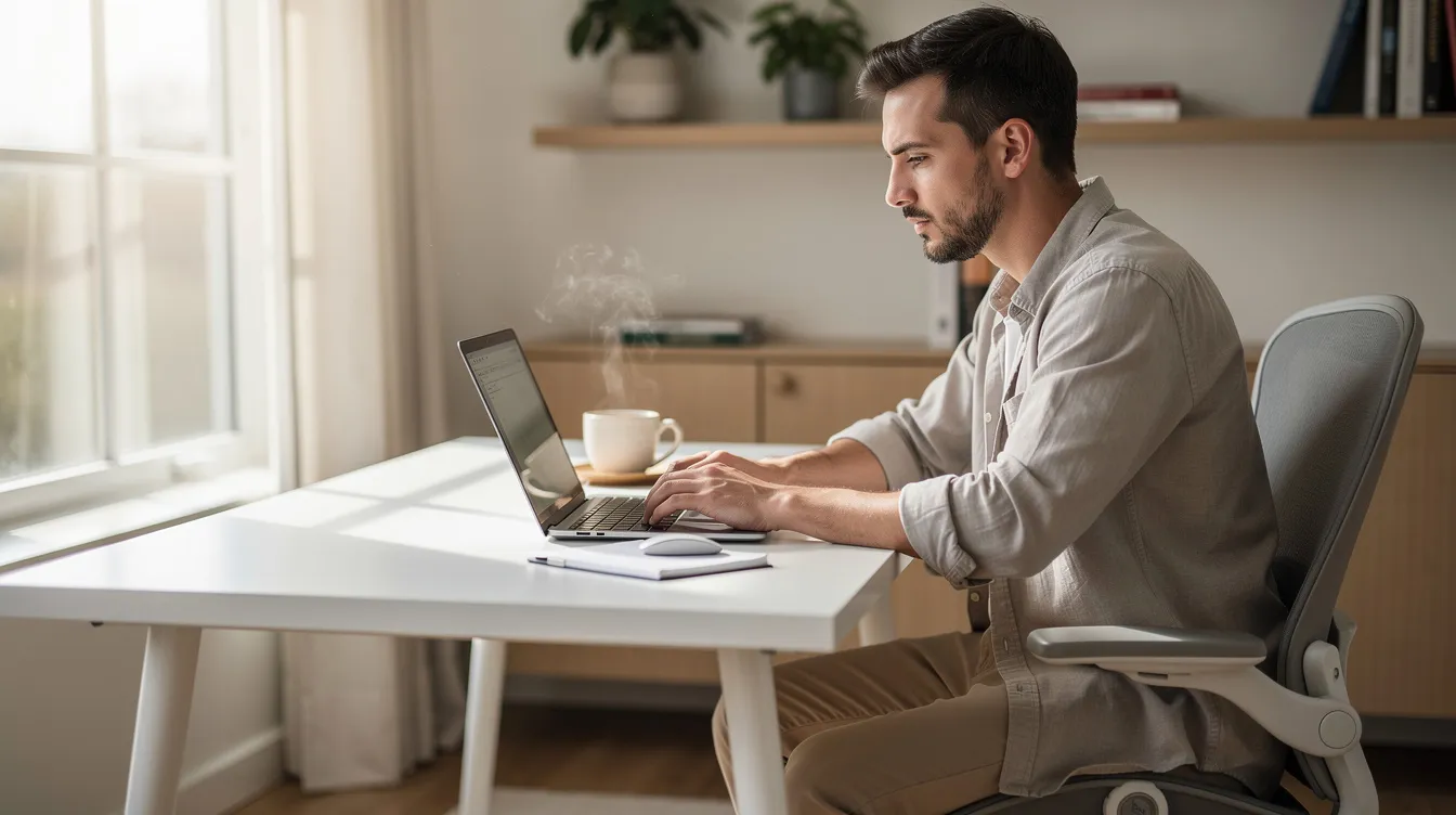 A freelancer is seated at a clean desk in a bright home office, focused on their laptop while sipping coffee from a cup. This setup reflects a typical environment for small business owners who may be managing their limited liability company (LLC) and its business filings.