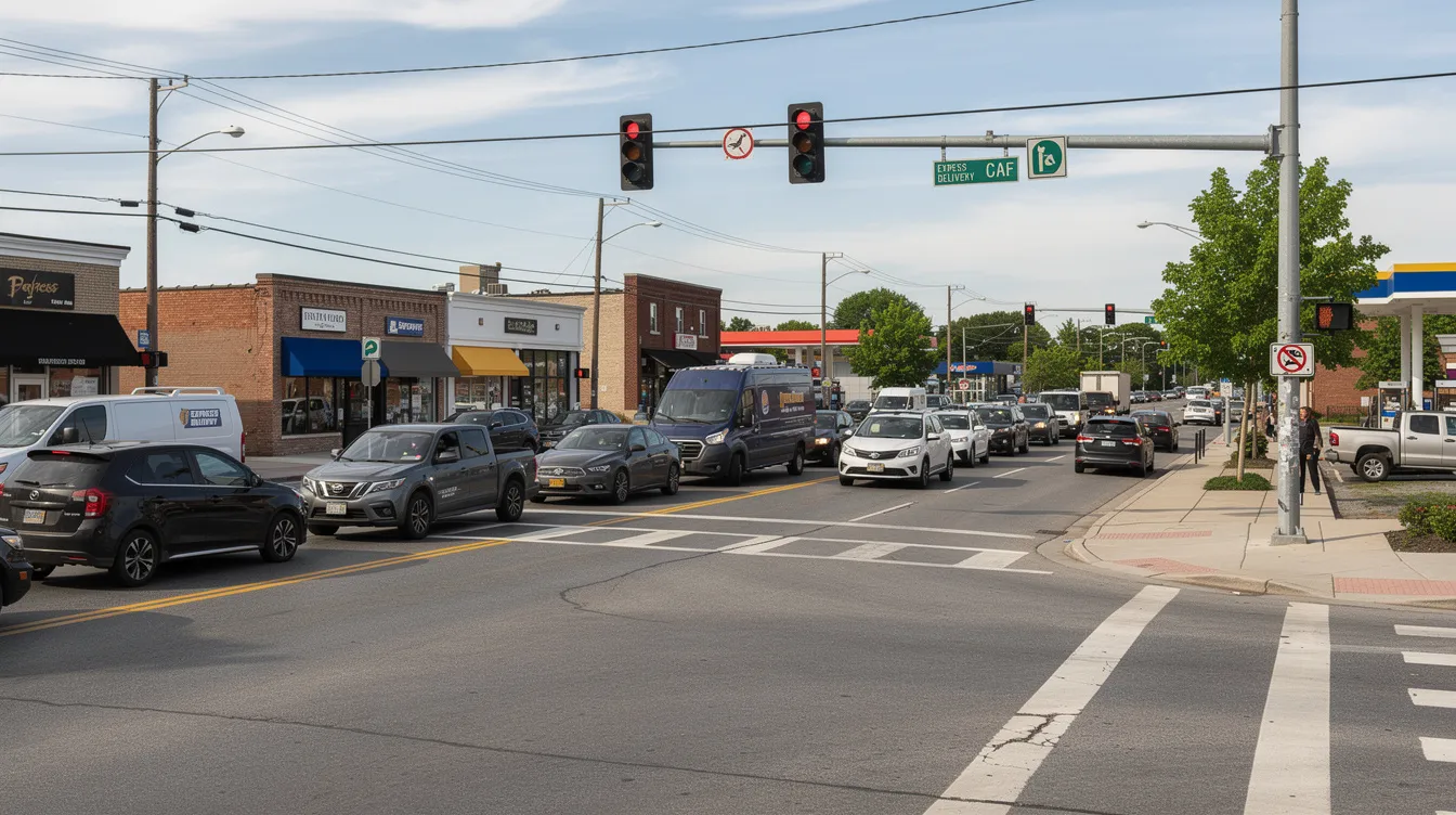 The image depicts a busy suburban intersection where delivery vans and passenger vehicles are stopped at a traffic light, illustrating the everyday hustle of urban life. This scene could be relevant for a sugar land truck accident lawyer, as it highlights the potential for truck accidents involving multiple parties in such congested areas.