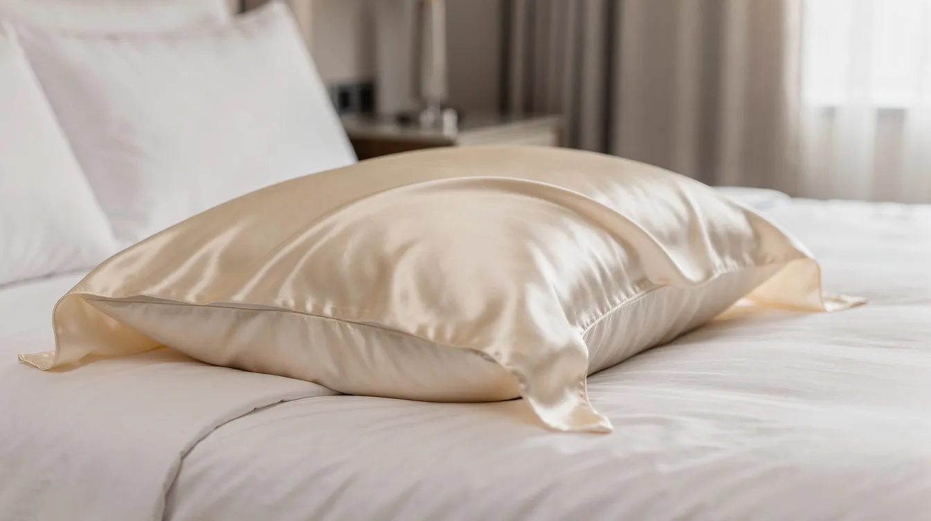 A luxurious ivory silk pillowcase gently drapes over a plush pillow, showcasing its smooth surface and the beauty of mulberry silk fabric in a neatly made bed. This silk pillowcase not only enhances sleep quality but also offers numerous skin and hair benefits, making it a perfect addition to your sleep environment.