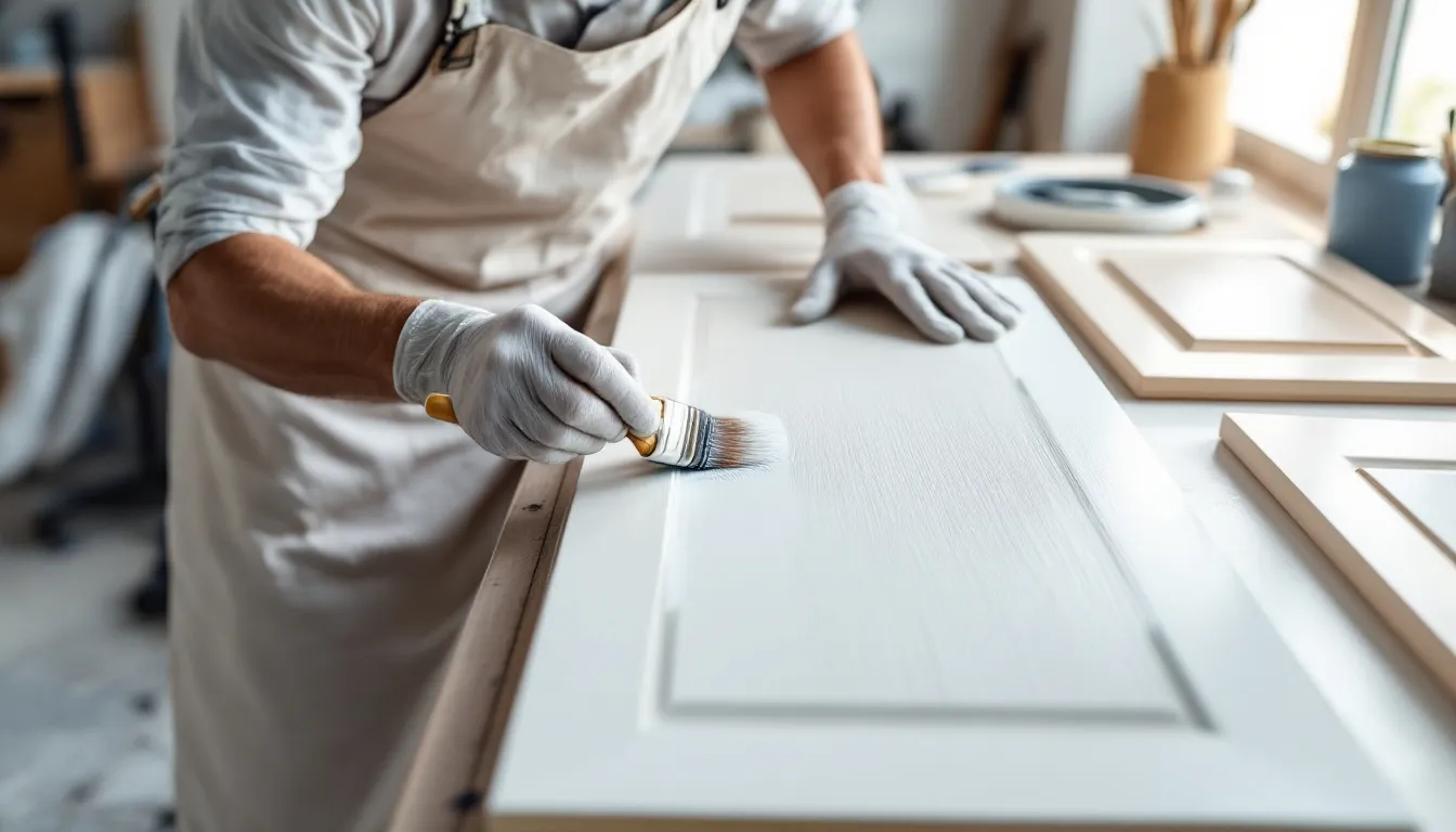 The image depicts a professional applying primer to cabinet doors using a paint stick, showcasing a smooth coverage technique for a durable finish. The focus is on the flat surfaces of the cabinet doors, emphasizing the meticulous prep work involved in painting kitchen cabinets.