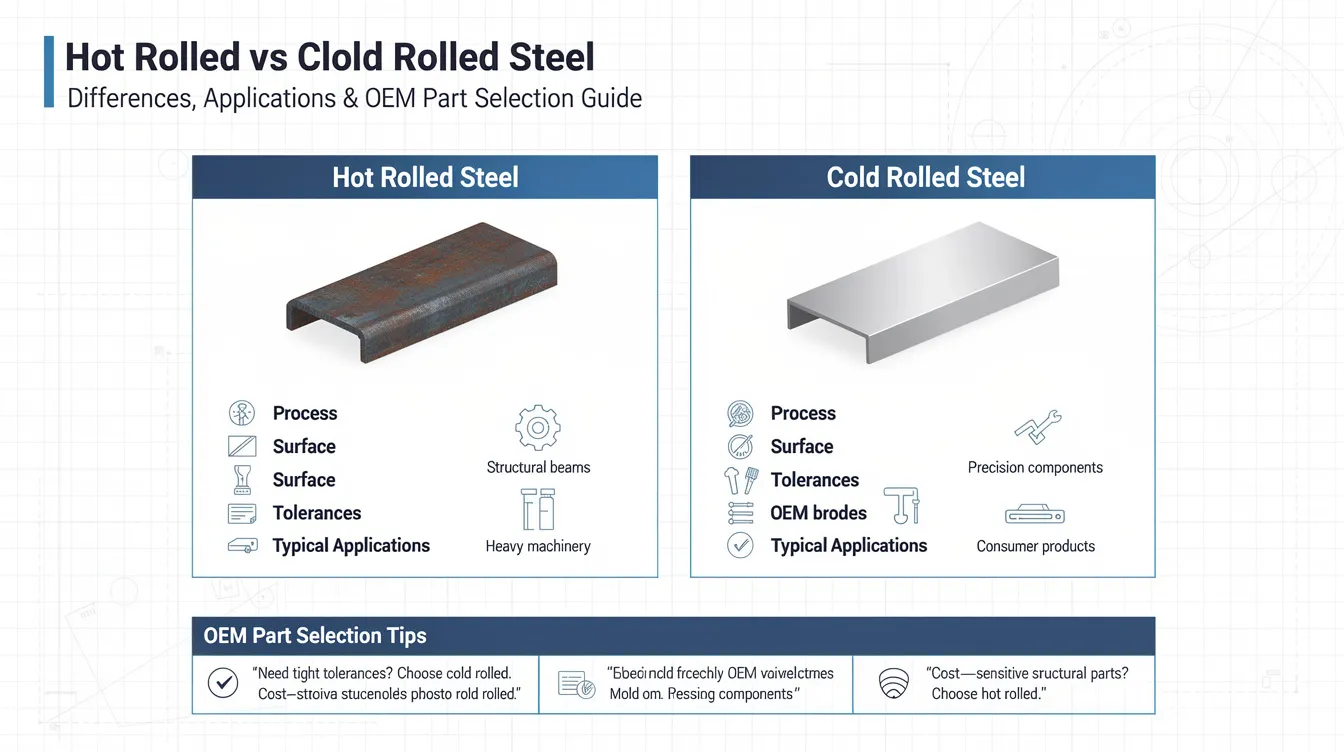 This image illustrates the differences between hot rolled and cold rolled steel, showcasing various steel products and their applications. It highlights the rough surface finish of hot rolled steel compared to the smoother surface of cold rolled steel, emphasizing their respective uses in industries such as automotive and aerospace, as well as the importance of precise dimensions and mechanical properties.