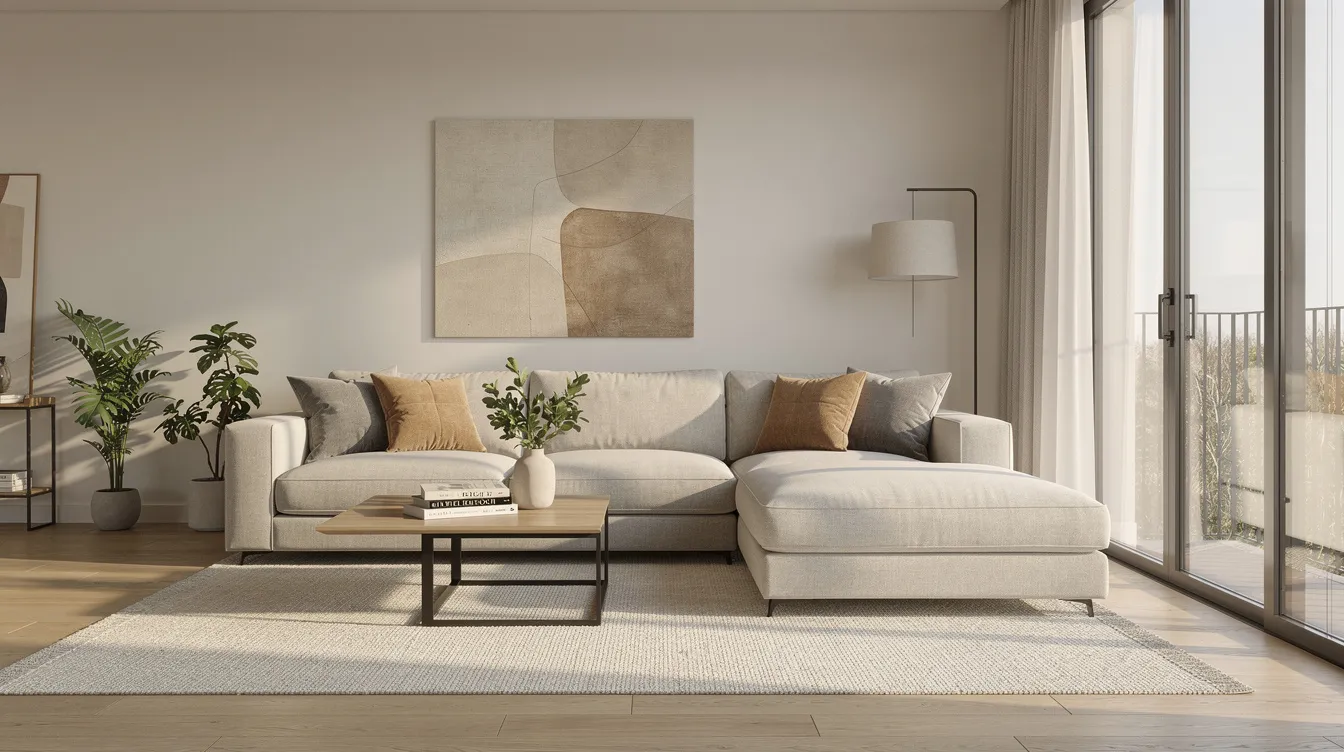 Ett modernt vardagsrum med en snygg 3-sits soffa i neutrala toner, som får mycket naturligt ljus. Soffan har avtagbar klädsel och erbjuder både komfort och tidlös design, vilket gör den perfekt för att skapa en trivsam atmosfär i hemmet.