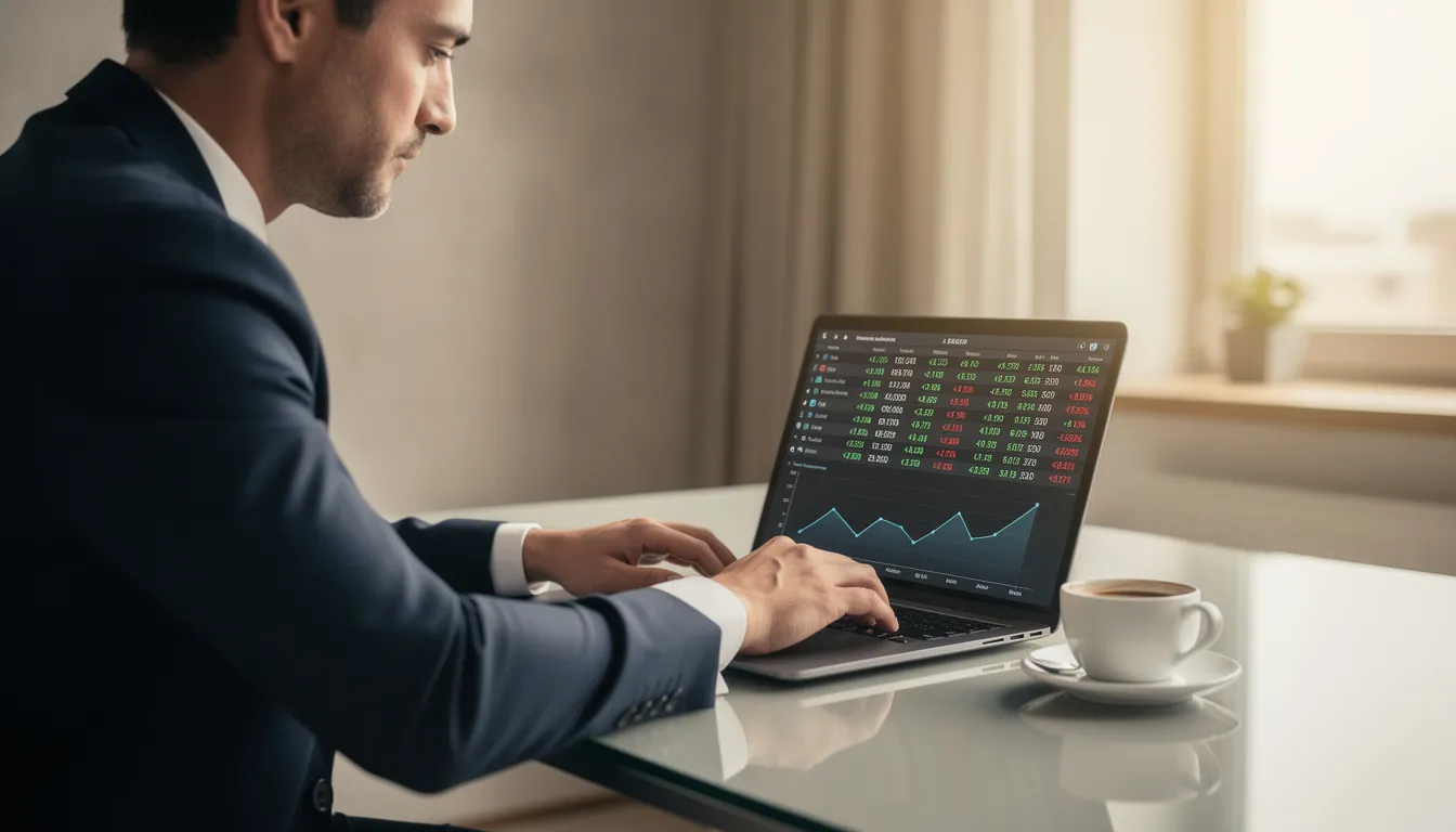 A business owner is seated at a desk, intently reviewing transaction data on a laptop while a coffee cup rests nearby. This scene highlights the importance of financial services and payment processing in managing cash flow and ensuring customer satisfaction.